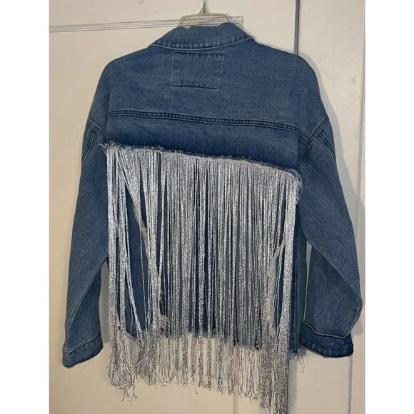 Fantastic Fawn Denim Jacket Womens Medium Silver Fringe Back Blue Jean Jacket - Picture 2 of 14